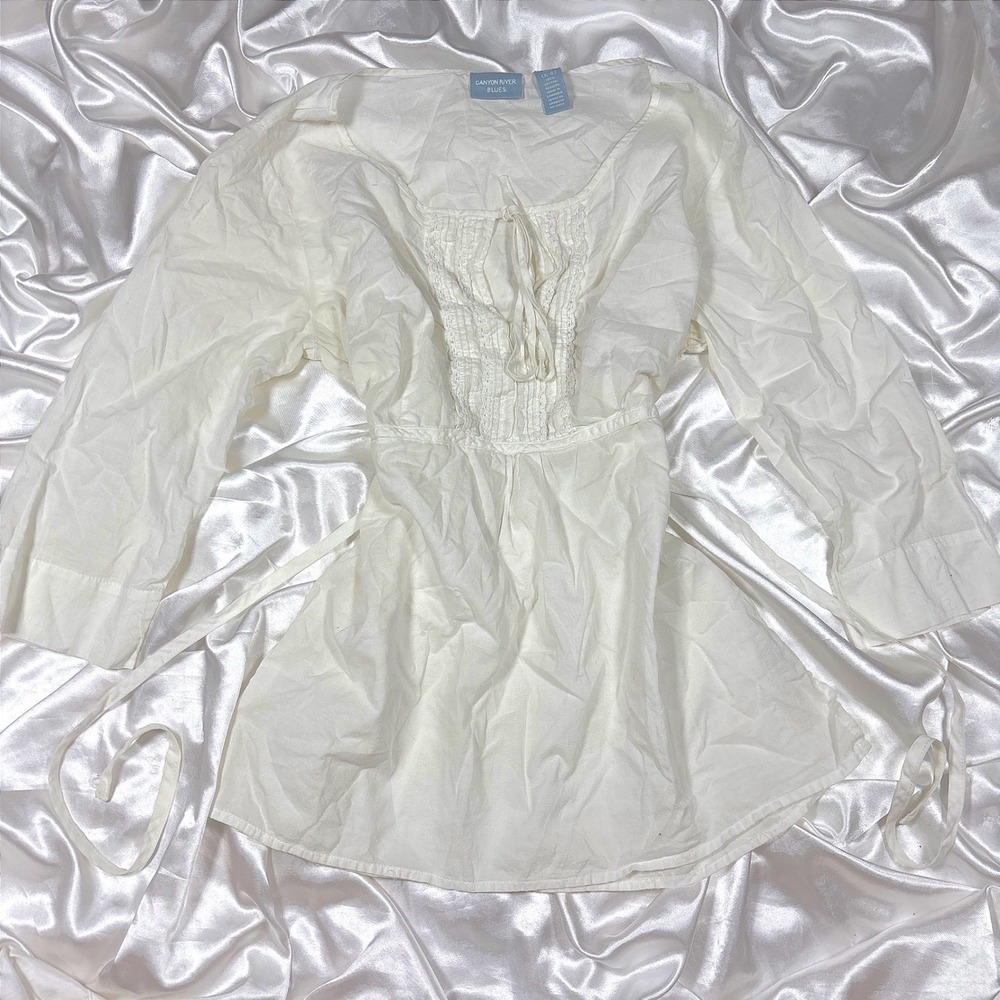 y2k Peasant Top White Excellent Canyon River Blues Lace Tie Front Blouse